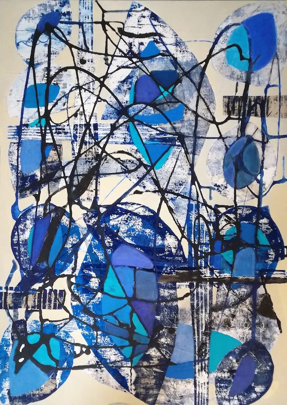 Marlis G Schill | Rhapsody in Blue | Malerei auf Holzschnitt | 70x50 cm  | 2021